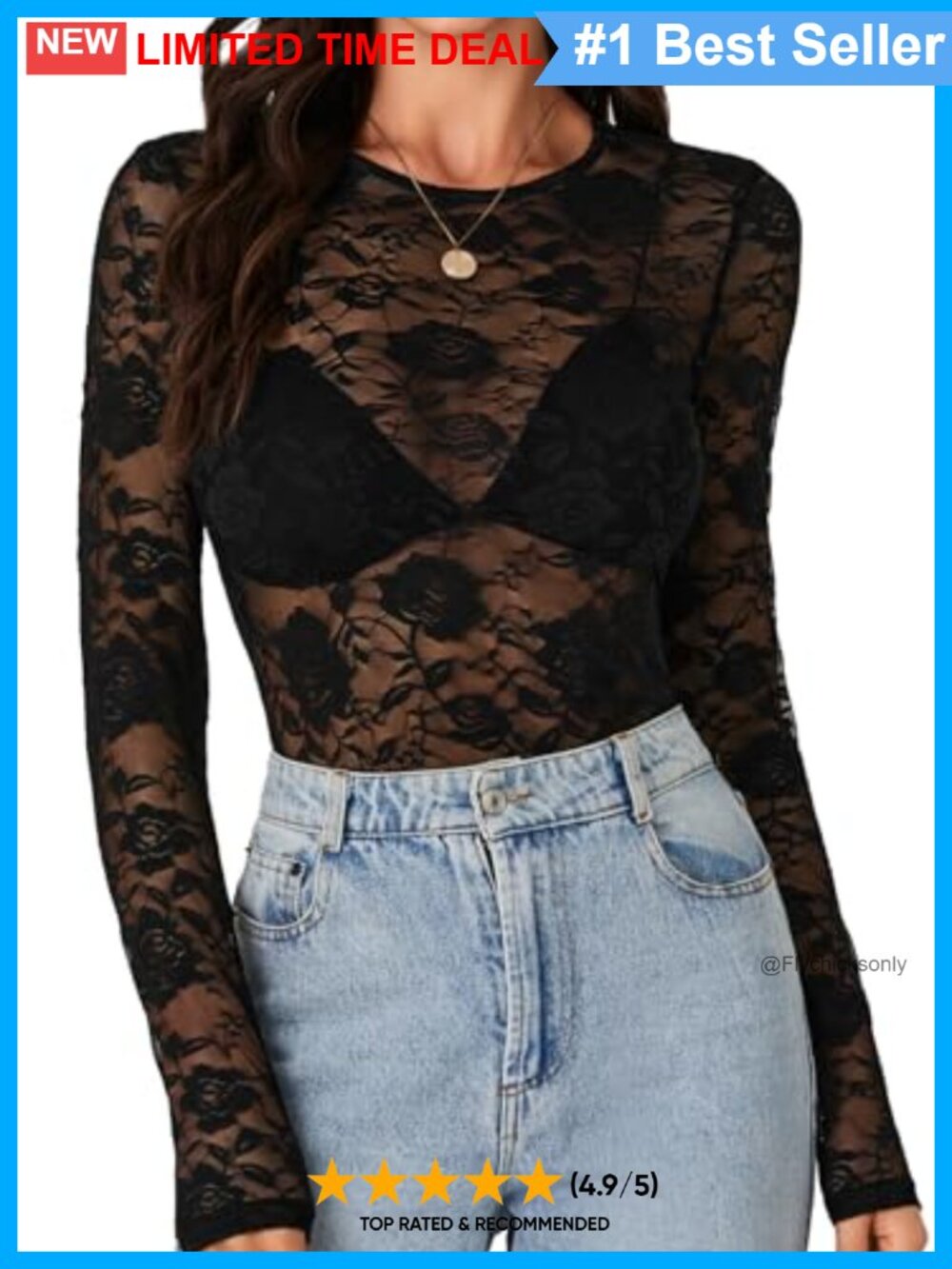 Floral Lace Sheer Mesh Blouse Crew Neck Long Sleeve Slim Fit Women's Top